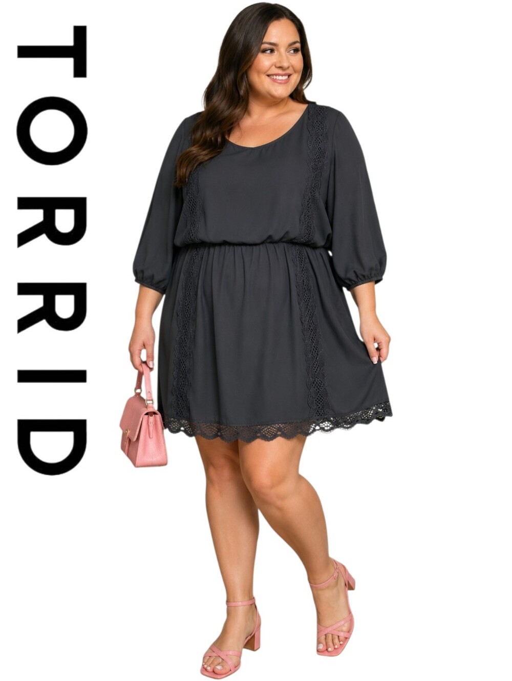 Torrid Black Midi Dress Lace Inset And Trim 3/4 Sleeves Plus Size 4X